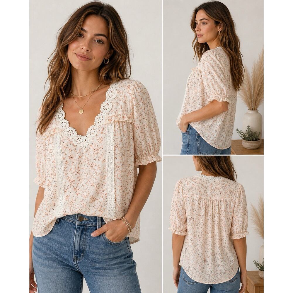 Boho Floral Lace Trim Blouse Everleigh SmP Peasant Cottagecore Top